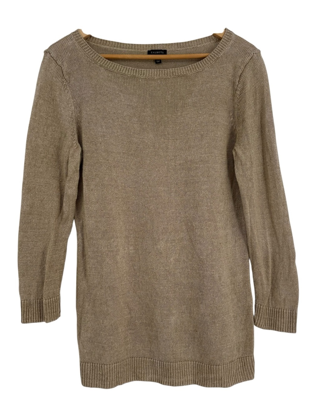 Talbots 100% Linen Crewneck Sweater 3/4 Sleeves Lightweight Size M Gold Pullover
